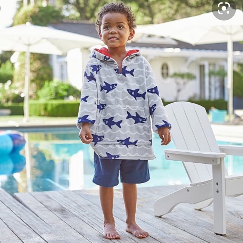 Pottery Barn Kids Gray & Blue Shark Print Terrycloth Swim Coverup - 12-18 Months